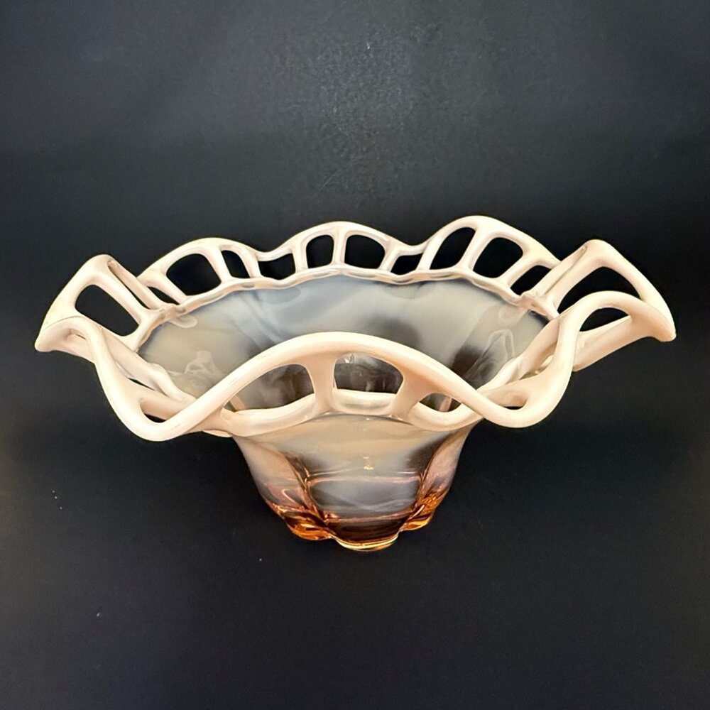 Vintage Hand-Blown Glass Bowl With Lattice Edge Decorative Centerpiece